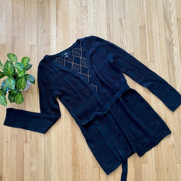 Mossimo XS Pointelle Black Open Knit Longline Cardigan with Tie Belt - Picture 2 of 9
